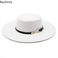 Bauhiniua Wool Felt Fedoras Jazz Cap 2022 Winter Warm Flat Top Hats 10CM Big Wide Brim Solid Color Church Hats