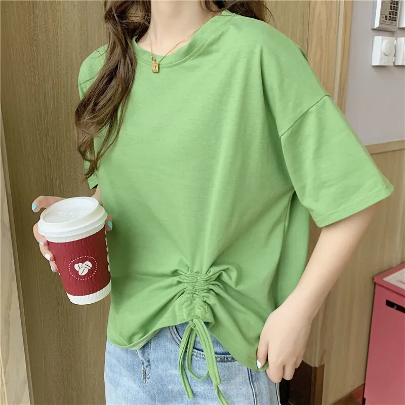 Solid Color Short T-shirt Women's Summer Simple Design Drawstring Short Sleeve  Half Sleeve Top | Lazada Singapore