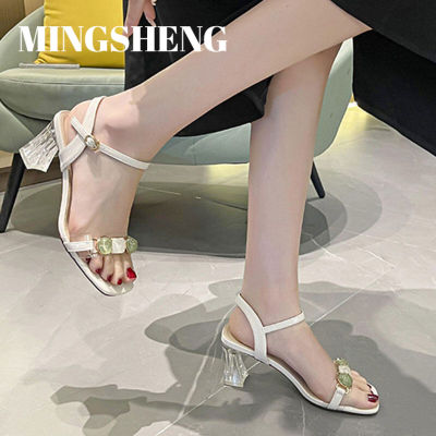 MINGSHENG   Word-shaped buckle new one-word belt Korean womens shoes fairy wind thick heel womens sandals