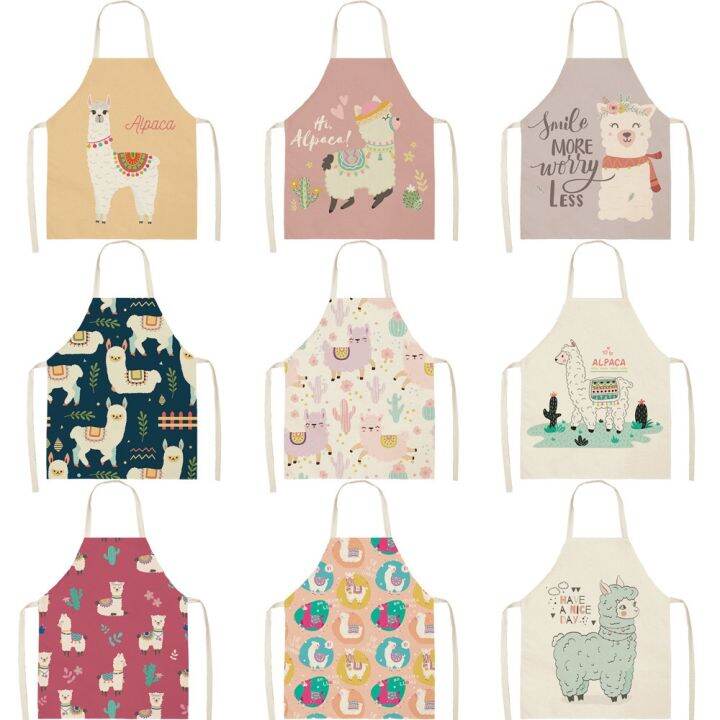 alpaca-llama-cactus-print-sleeveless-apron-linen-women-kitchen-apron-home-cooking-baking-waist-bib-easy-clean-apron-68x55cm