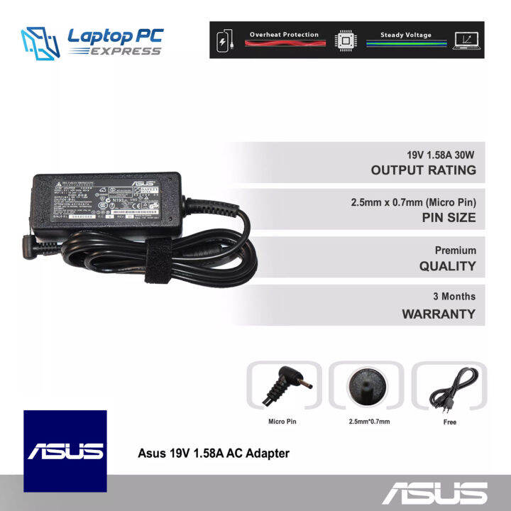 Asus Laptop Charger 19v 158a 25mm X 07mm Compatible With Asus Micro Pin Eee Pc 1015ped 1018 5481