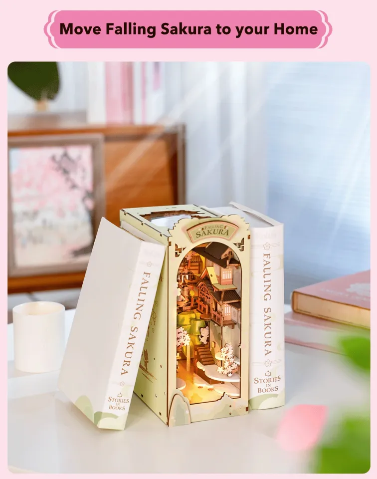 Rolife Falling Sakura Book Nook with Lights Home Decoration Booknook for  Gifts