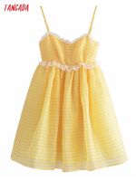 Tangada 2022 Fashion Women Yellow Plaid Ruffles A-line Dress Strap Adjust Zipper Ladies Vintage Dress 4D55