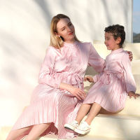 Long Sleeve Bow Pink Long Dresses Mom And Daughter Matching Clothes Mother Kids Outfits Pleated Skirt For Mom And Daughter Dress