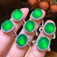 High ice green chalcedony ring Laokeng jade stone agate jade inlaid womens ring headpiece 4Q6K