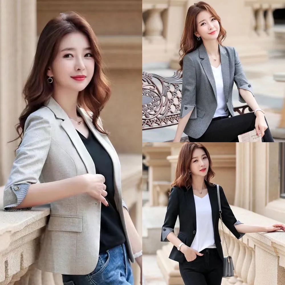 Chfeirno Women 3/4 Sleeve Slim Thin Blazer Jacket Solid Color Business  Casual Fashion Suit Coat | Lazada