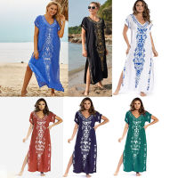 2023 เย็บปักถักร้อยปกคลุมชายหาดแขนสั้น Saida De Praia Kaftan Tunics ผู้หญิงชุดคลุมบิกินี่ชุดว่ายน้ำ Pareo ชุดเดรสแม็กซี่ Beachwear