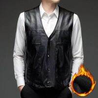 【Ready】Men Vest Solid Color Single Breasted Loose Coldproof Plus Size Faux Leather V Neck Plush Lining Waistcoat Streetwear