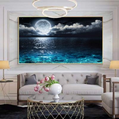 Bright Moon Sea Night ภูมิทัศน์ภาพวาดผ้าใบสำหรับตกแต่งบ้านสมัยใหม่-โปสเตอร์ศิลปะพิมพ์ภาพผนังศิลปะสำหรับตกแต่งห้องนั่งเล่น