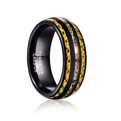 Jqueen โดมแหวนเหล็กทังสเตนคาร์ไบด์8มม. คาร์บอนไฟเบอร์ขัดเงาสีเหลืองและแหวนแต่งงานโอปอลสำหรับผู้ชายเครื่องประดับ