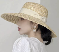 [รุ่นE006] หมวกฟางแข็ง หมวกสานปีกกว้างคาดโบว์ หมวกสานปีกรอบ หมวกใส่เที่ยว หมวกกันแดด พร้อมส่งจากไทย