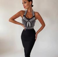 【YF】 High Quality Khaki Black Mantual Beading Rayon Bandage Dress Elegant Cocktail Party Vestidos