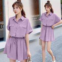 Temperament Twinset Casual Fashionable Wide Leg Pants Suit Western Style Youthful-Looking Goddess Temperament Small Purple Shirt Shorts