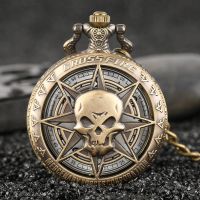 [Aishang watch industry]Vintage Bronze Steampunk Hollow Carribean Pirate Skull Head Horror Quartz Pocket Watch With Chain For Girls And Women