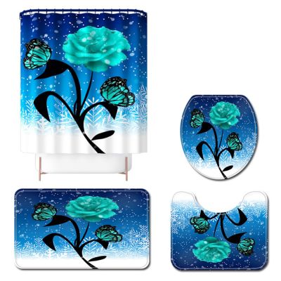 4piecs Set Christmas Bathroom Accessories Sets Pedestal Rug+ Lid Toilet Cover+Bath Mat+Bathroom Shower Curtain