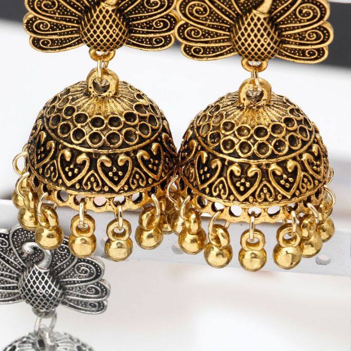 boho-vintage-นกยูง-jhumka-ชาติพันธุ์อินเดีย-bollywood-เผ่ายิปซีต่างหูระย้า