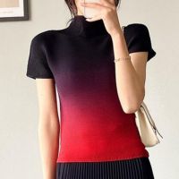 Miyake pleated jacket womens short sleeve retro temperament semi-high collar summer new slim Joker womens T-shirt thin