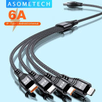 ASOMETECH สาย USB 4 In 1,6A ชาร์จเร็ว66W สำหรับ iPhone 13 12 Pro USB สองอัน USB C สายชาร์จแบตเตอรี่ชาร์จเร็วสำหรับ Xiaomi Samsung ไมโคร USB สาย USB