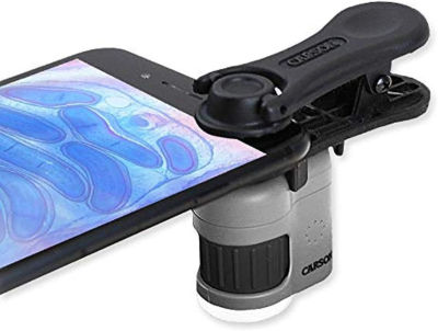 Carson MicroMini 20x LED Lighted Pocket Microscope with Built-in LED and UV Flashlight and Universal Smartphone Digiscoping Adapter Clip (MM-380)