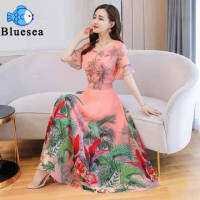 Women Dress V-neck Short-sleeved Bright Colorful Plants Printed Waist-slimming Mid-length Seaside Beach Skirt for Summer