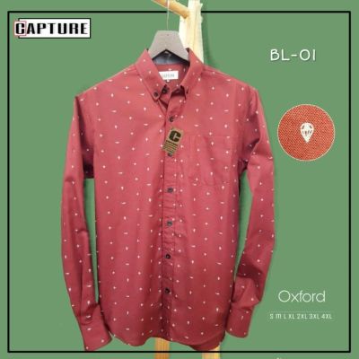 Capture Shirt เสื้อเชิ้ตผู้ชาย แขนยาว คอปก ลายเครื่องบิน สีแดง มีถึงอก 48 นิ้ว