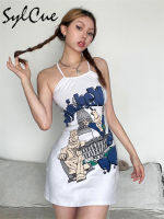 KKSylcue Cartoon Grotesque Print แฟชั่น High Street เซ็กซี่ร้อนผู้ใหญ่มั่นใจ Cool Women S White Sling Dressq11