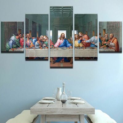 คริสเตียนพระเยซูและสาวกกระยาหารค่ำมื้อสุดท้ายพิมพ์ผ้าใบ-HD ผนังศิลปะรูปภาพ-5แผง-ภาพวาดตกแต่งบ้าน