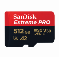 SanDisk Extreme Pro microSDXC, SQXCD 512GB, V30, U3, C10, A2, UHS-I, 200MB/s R, 140MB/s W, 4x6, SD adaptor, Lifetime Limited ME6-000959