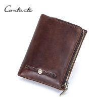 ZZOOI CONTACTS Genuine Leather Wallets for Men Short Bifold Vintage Mens Wallet Luxury Brand Zip Coin Purses Card Holders Money Clip