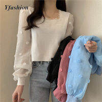 Yfashion เสื้อสวมหัวแขนยาวตาข่ายสีทึบ Baju Kerah Persegi สำหรับผู้หญิงเสื้อกันหนาวแบบถักแฟชั่นเสื้อเอวลอยมีในสต็อก