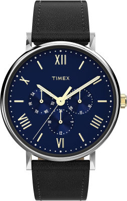 Timex Mens Southview Multifunction 41mm Watch – Silver-Tone Case Blue Dial with Black Genuine Leather Strap