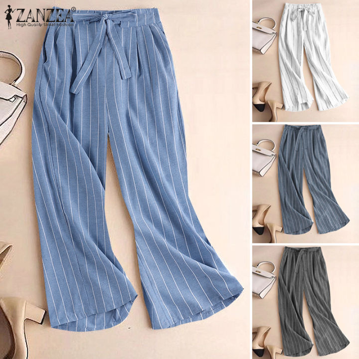 จัดส่งฟรี-fancystyle-zanzea-กางเกงขาบานพิมพ์ลายทางสำหรับผู้หญิงกางเกงเอวยางยืดโอแอลที่ทำงาน-2