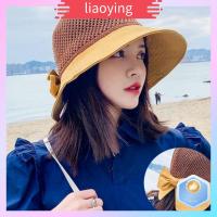 LIAOYING สำหรับผู้หญิง ปีกกว้างกว้าง หมวกปานามา พับเก็บได้ หมวกบังแดด หมวกบังแดด หมวกชายหาดหมวก หมวกทรงถัง