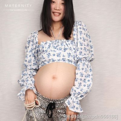 ▦✳✑ jiozpdn055186 CARECODE-Top floral de manga folhada para gestantes camisa sexy cordão blusa fotografia roupas maternidade verão