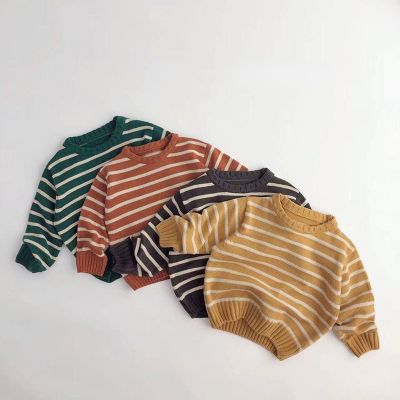 Spring Autumn Childrens Sweater Korean Girls Boys Knitted Stripes Vintage Crewneck Pullover Tops Baby Sweater Clothes