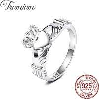 แหวน925เงินสเตอร์ลิงไอริช Claddagh ของผู้หญิงมงกุฎหัวใจแบบชาวเซลติกสลักแหวนแต่งงานแหวนหมั้นฟรี