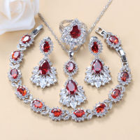 Dubai Wedding Necklace And Earrings Fine Jewelry Sets With Red Garnet Bridal Zircon Costume Bracelet And Ring Women Sets