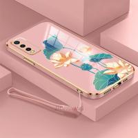 เคสสำหรับ Vivo Y20i Y20 Y12s Y20s Y12a Y20s G Y11s Y3s เคสโทรศัพท์ฝาหลังดอกบัวหลากสีดีไซน์ใหม่แบบซิลิโคนเคสนิ่มเคลือบอิเล็คโทรเพลทกล่องกันกระแทก TPU พร้อมฟรีสายคล้อง