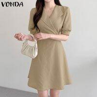 ☏❐○ Vonda ชุดเดรสสั้น คอวี แขนสั้น สีพื้น สไตล์เกาหลี สําหรับผู้หญิง