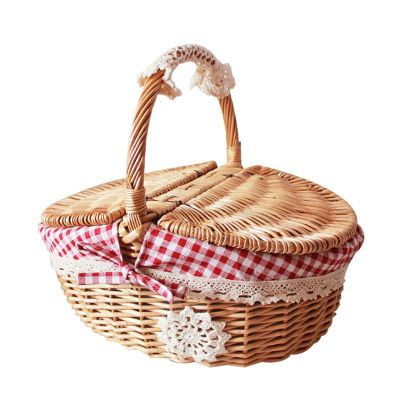 Rattan Outdoor Picnic Basket Country Style Wicker Hamper with Lid and Handle Quality Liners Food Fruit Storage Carrying