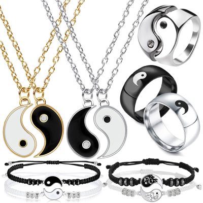 4Pcs Tai Chi Yin Yang Couple Bracelets Pendant Adjustable Braid Bracelet Necklace Matching Lover Rings Necklaces Jewelry Set