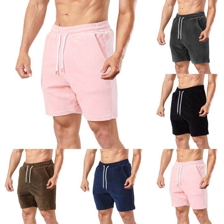 mens-corduroy-shorts-summer-trunks-solid-color-beach-wear-streetwear-drawstring-elastic-waist-homme-shorts-pink-short-pants-new