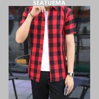 SEATUEMA เสื้อโค้ทเสื้อเชิ้ตลายตารางลำลองสำหรับผู้ชาย,เสื้อบางทรงหลวมแขนสั้นทรงหลวม