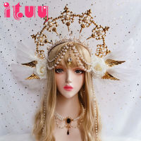 Lolita Sun Godmothers Crown Headwear KC Gothic White Rose Angel Wings Virgin Mary Bead Chain Baroque Tiara Hair Accessories