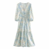 ZZOOI women elegant v neck lantern sleeve printing casual slim midi dress ladies elastic vestidos chic vacation style dresses DS3456