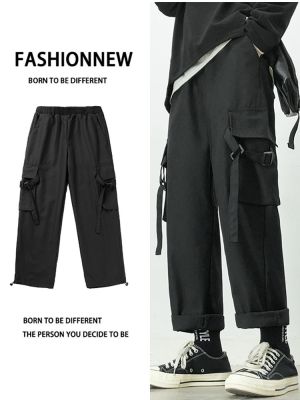☏◕ Japanese overalls mens summer trend loose straight casual trousers multi-pocket cropped black mens pants