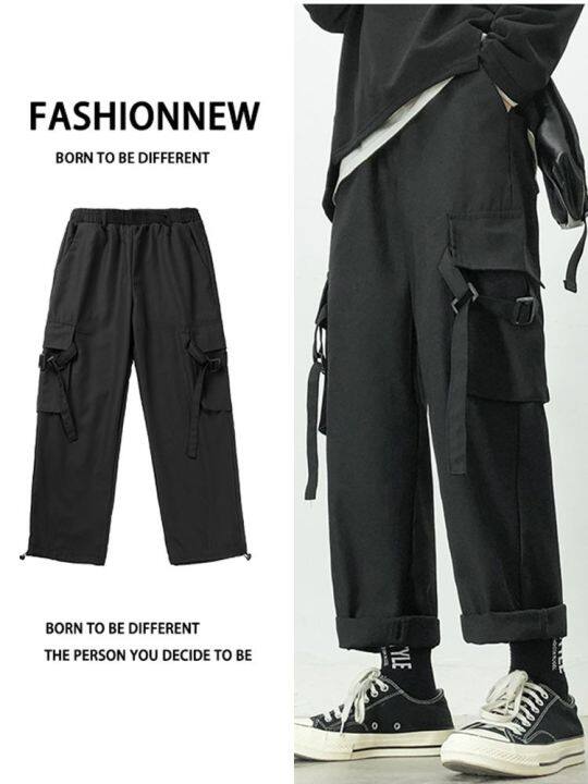 japanese-overalls-mens-summer-trend-loose-straight-casual-trousers-multi-pocket-cropped-black-mens-pants