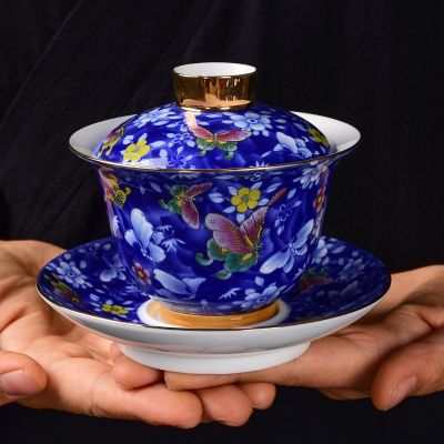 180มิลลิลิตรสีฟ้าและสีขาวเซรามิก Gaiwan ถ้วยน้ำชาที่สวยหรูเคลือบชาหม้ออบจีนครัวเรือนพอร์ซเลน T Eaware เดินทางส่วนบุคคลถ้วย