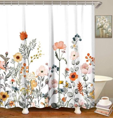 Floral Shower Curtain with 12 Hooks Watercolor Decorative Bath Curtains Modern Bathroom Accessories Machine Washable Curtains
