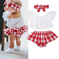 Citgeett Summer Infant Newborn Baby Girl Off Shoulder Lace Tops Plaid Shorts 3PCS Clothes Outfits Set  by Hs2023